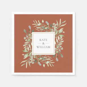 Terracotta Greenery Watercolor Foliage Gold Napkin