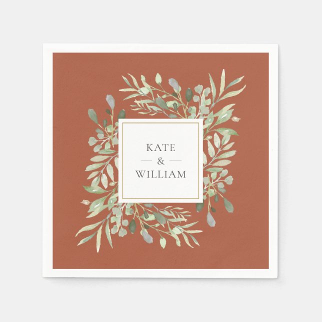Terracotta Greenery Watercolor Foliage Gold Napkin (Front)