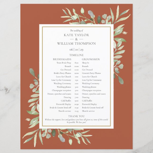 Terracotta Greenery Wedding Schedule Timeline (Front)