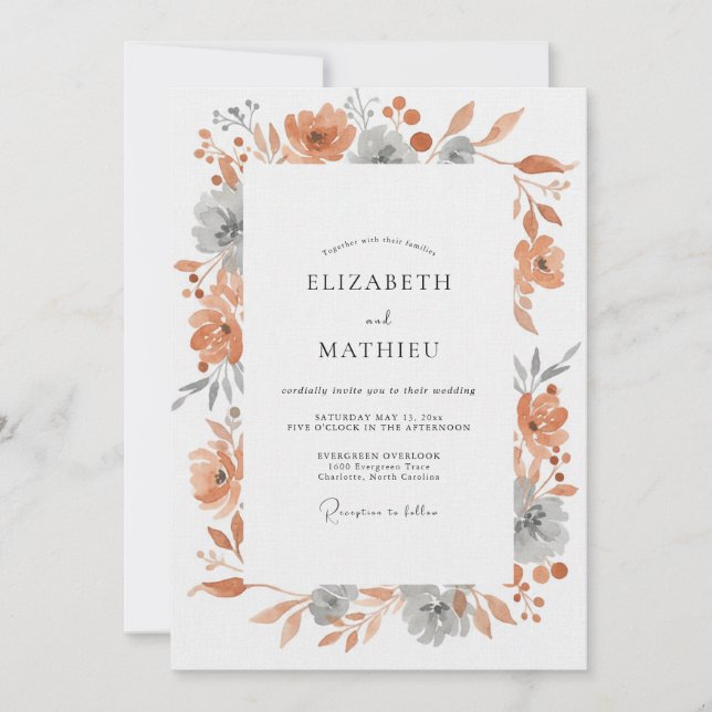 Terracotta Grey Leafy Wedding Invitation (Front)