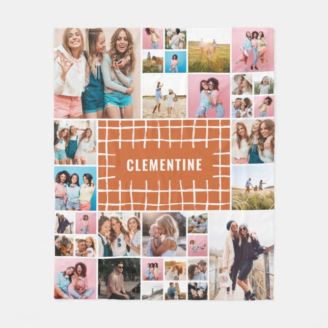 Terracotta grid 34 photo modern minimal stylish fleece blanket (Front)