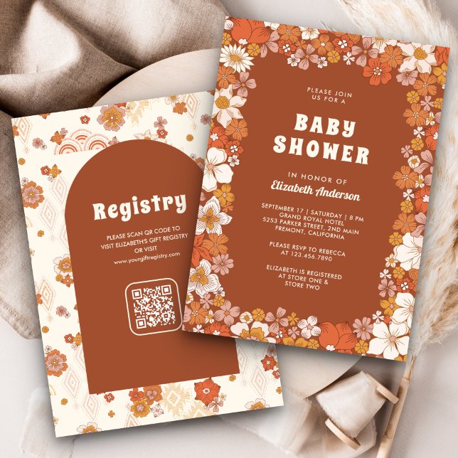 Terracotta Groovy Retro Wildflower Baby Shower Invitation (Creator Uploaded)