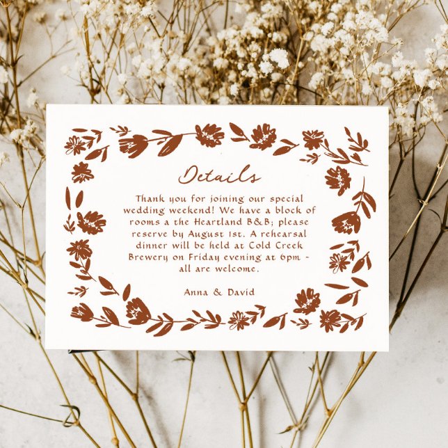 Terracotta Hand Drawn Flower Wedding Details RSVP Card (Creator Uploaded)