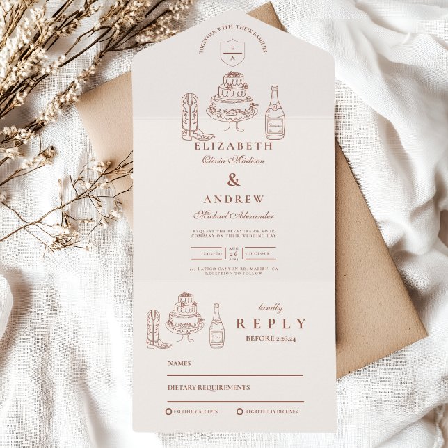 Terracotta Hand Drawn Funky Western Doodle Wedding All In One Invitation (Creator Uploaded)