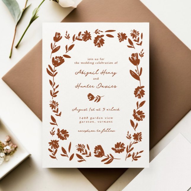 Terracotta Hand Drawn Whimsical Wildflower Wedding Invitation (Creator Uploaded)