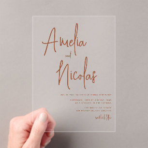 Terracotta Handwritten Script Minimalist Wedding Acrylic Invitations