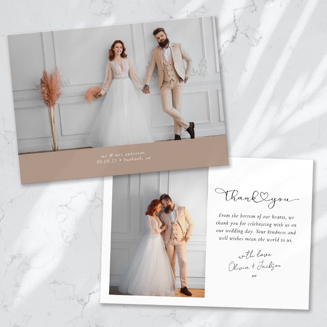 Terracotta Heart 2 Photo Calligraphy Wedding Thank You Card (Creator Uploaded)