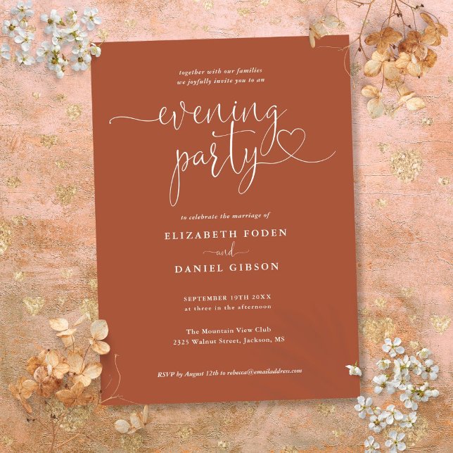 Terracotta Heart Script Wedding Evening Party Invitation (Terracotta Heart Script Wedding Evening Party Invitation)