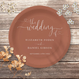 Terracotta Heart Script Wedding Paper Plate