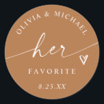 Terracotta Her Favorite Script Wedding Treat Bag Classic Round Sticker<br><div class="desc">Warm and modern,  these terracotta “Her Favorite” stickers feature white script and a heart accent. A lovely choice for boho or autumn weddings,  pairing perfectly with “His Favorite” for earthy his and hers wedding favors.</div>