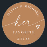 Terracotta Her Favorite Script Wedding Treat Bag Classic Round Sticker<br><div class="desc">Warm and modern,  these terracotta “Her Favorite” stickers feature white script and a heart accent. A lovely choice for boho or autumn weddings,  pairing perfectly with “His Favorite” for earthy his and hers wedding favors.</div>