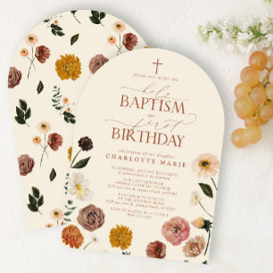 Terracotta Holy Baptism & 1st Birthday Flowers  Invitation