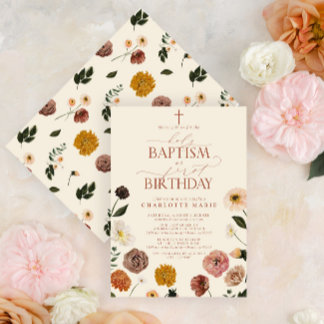 Terracotta Holy Baptism & 1st Birthday Flowers  Invitation