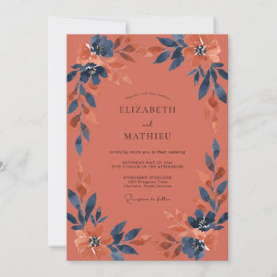 Terracotta Indigo Leaf Wedding Invitation