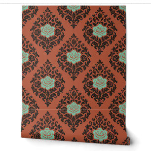 Terracotta, Ink and Jade Rose Damask Wallpaper