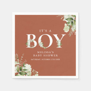 Terracotta Its A Boy Greenery Letter Baby Shower Napkin