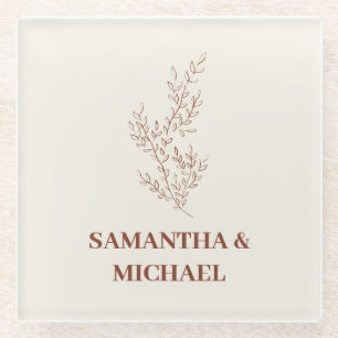 Terracotta Ivory Beige Ivy Line Flower Wedding Glass Coaster