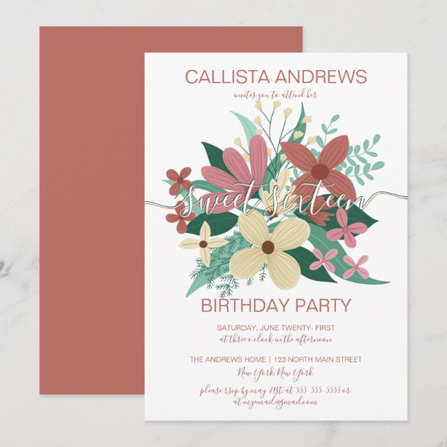 Terracotta Ivory Floral Greenery Bouquet Sweet 16 Invitation (Front/Back)