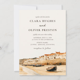 Terracotta Ivory Script Cornwall Harbour Wedding  Invitation