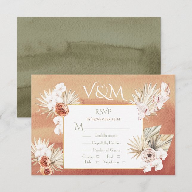 Terracotta & Khaki Palm Leaves Tropical RSVP (Front/Back)
