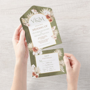 Terracotta & Khaki Palm Leaves Tropical Wedding Al All In One Invitation