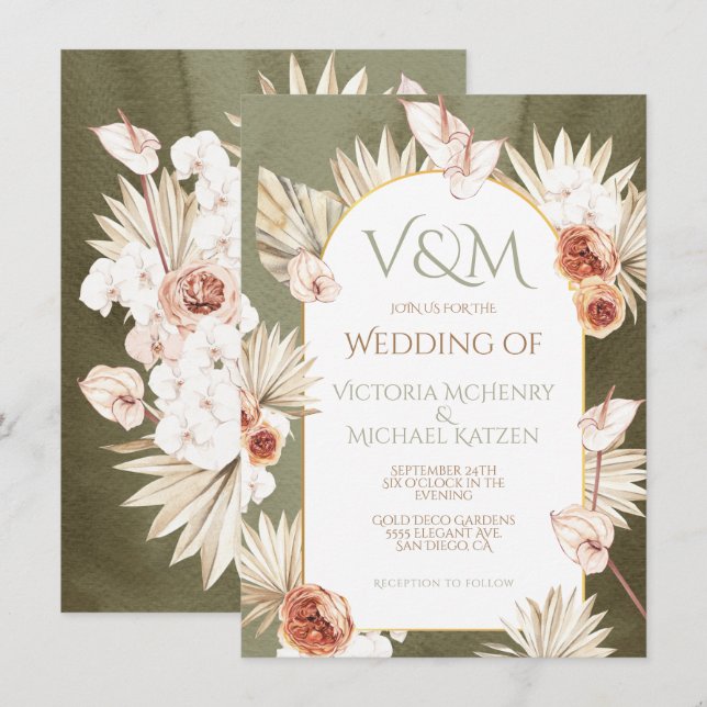 Terracotta & Khaki Palm Leaves Tropical Wedding In Invitation (Front/Back)