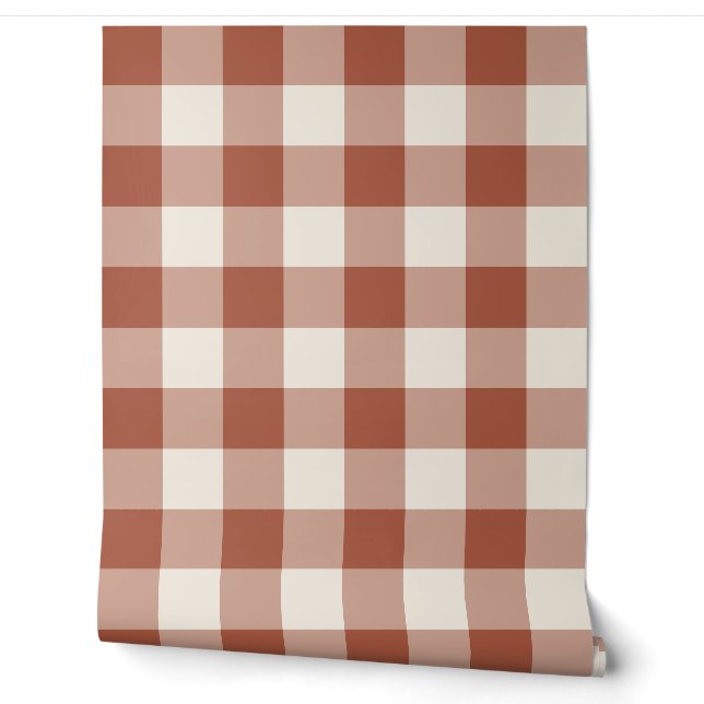 Terracotta Large Gingham Check Plaid Wallpaper (Unrolling)