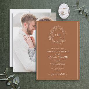 Terracotta Leafy Crest Monogram Photo Wedding  Invitation
