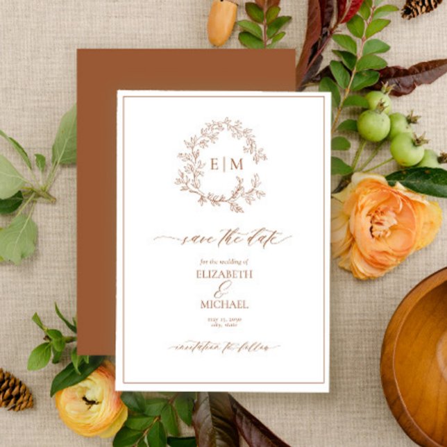 Terracotta Leafy Crest Monogram Save the Date Invitation (Creator Uploaded)