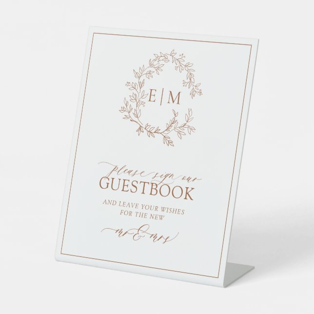 Terracotta Leafy Crest Monogram Wedding Guestbook Pedestal Sign (Front)