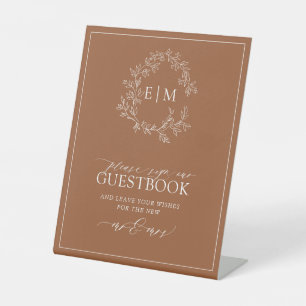 Terracotta Leafy Crest Monogram Wedding Guestbook Pedestal Sign