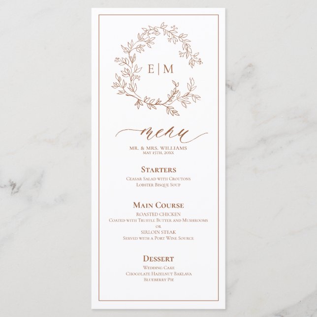 Terracotta Leafy Crest Monogram Wedding Menu (Front)
