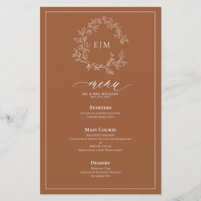 Terracotta Leafy Crest Monogram Wedding Menu (Front)