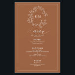 Terracotta Leafy Crest Monogram Wedding Menu<br><div class="desc">Create the perfect reception setting! We're loving this Terracotta Leafy Crest Monogram Wedding 5.5"x 8.5" Menu! Simple, elegant, and oh-so-pretty, it features a hand drawn leafy wreath encircling a modern wedding monogram. It is personalised in elegant typography, and accented with hand-lettered calligraphy. Finally, it is trimmed in a delicate frame....</div>