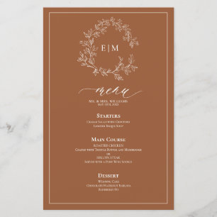 Terracotta Leafy Crest Monogram Wedding Menu