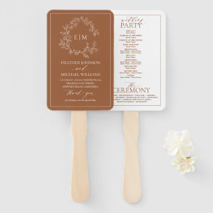 Terracotta Leafy Crest Monogram Wedding Program Hand Fan