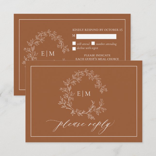 Terracotta Leafy Crest Monogram Wedding RSVP Card (Front/Back)