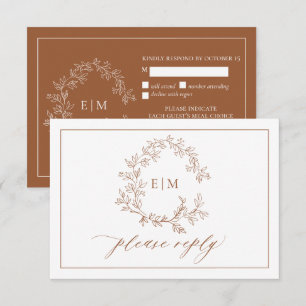 Terracotta Leafy Crest Monogram Wedding RSVP Card