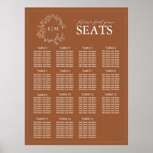 Terracotta Leafy Crest Monogram Wedding Seating Poster