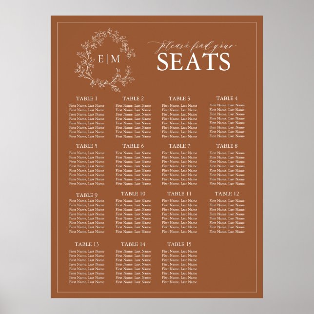 Terracotta Leafy Crest Monogram Wedding Seating Poster (Front)