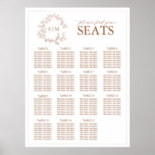 Terracotta Leafy Crest Monogram Wedding Seating Poster