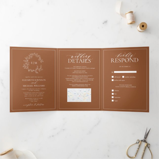 Terracotta Leafy Crest Monogram Wedding Tri-Fold Invitation (Inside)
