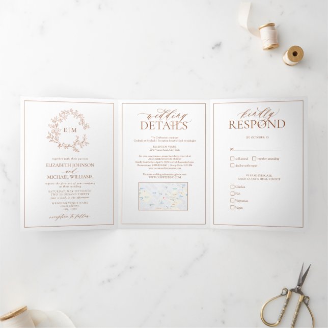 Terracotta Leafy Crest Monogram Wedding Tri-Fold Invitation (Inside)