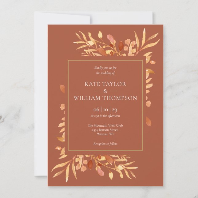 Terracotta Leaves Elegant Chic Gold Wedding Invitation (Front)