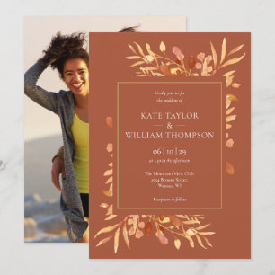 Terracotta Leaves Elegant Gold Photo Wedding Invitation