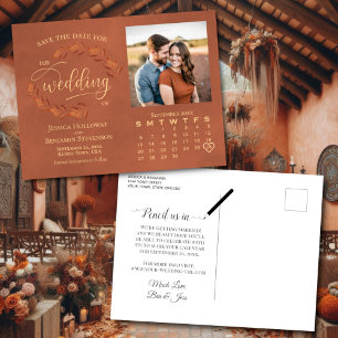 Terracotta Leaves Photo Calendar Wedding Save Date Announcement Postcard