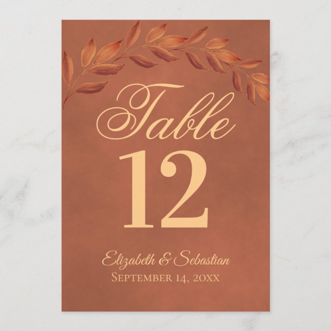 Terracotta Leaves Wedding Table Number Card Large (Front)