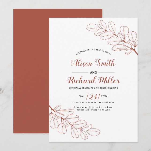 Terracotta line art branch and leaves fall wedding invitation (Front/Back)