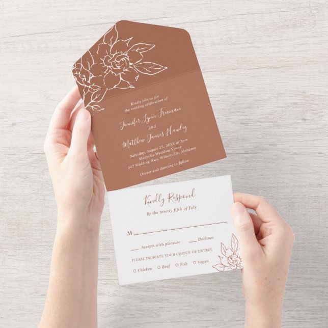 Terracotta Line Art Floral Elegant Wedding All In One Invitation (Tearaway)
