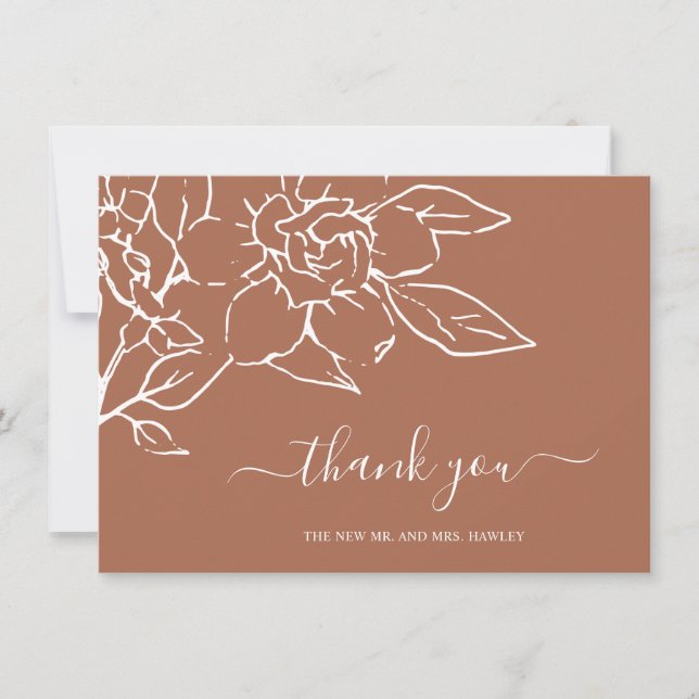 Terracotta Line Art Floral Elegant Wedding Thank You Card (Front)